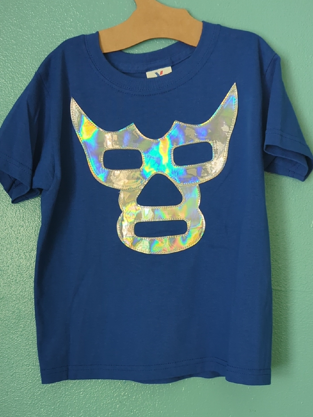Blue Kids Tee with Holographic Lucha Libre Mask Graphic